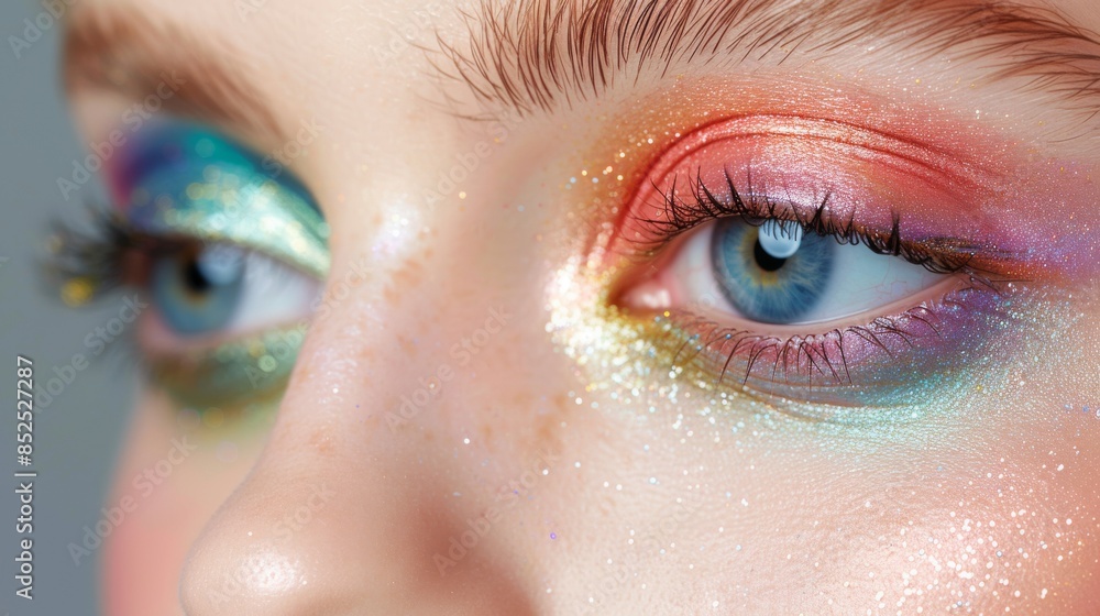 Vibrant eyeshadow and Mascara: A close-up of the model's eyes featuring vibrant, colorful eyeshadow and bold Mascara. Fashion, beauty, cosmetics. Vibrant eyeshadow and Mascara: A close-up of the model's eyes featuring vibrant, colorful eyeshadow and bold Mascara. Fashion, beauty, cosmetics.