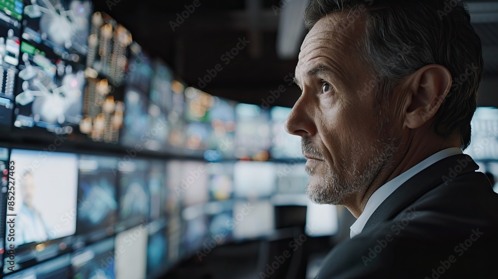 Fototapeta premium Man focused on multiple computer monitors in a security room