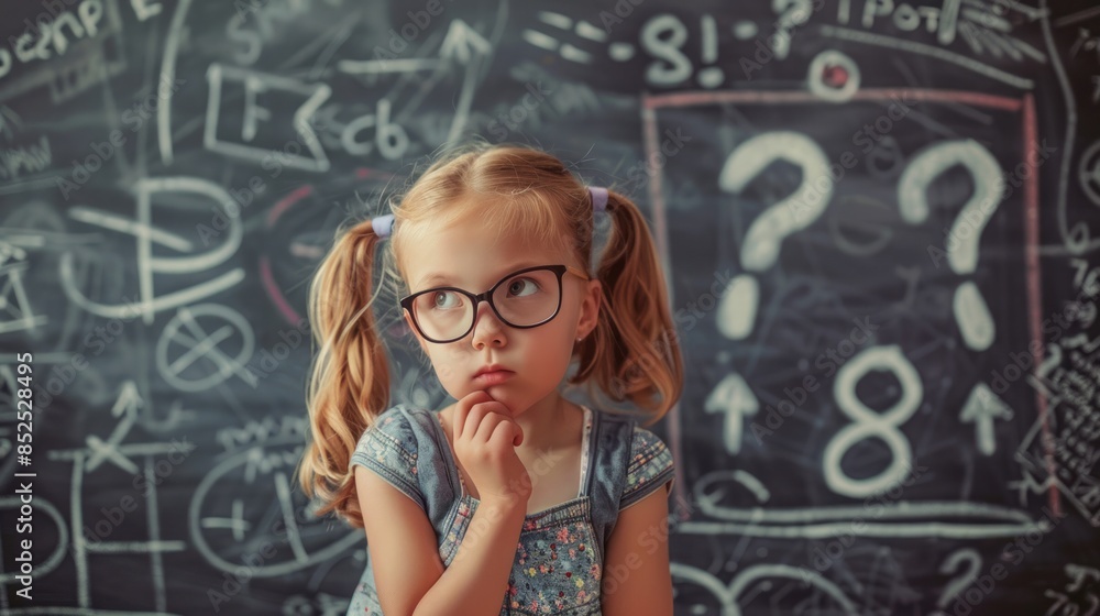 Little girl in glasses thinking about an idea with question marks around it on blackboard background. Little girl in glasses thinking about an idea with question marks around it on blackboard background.