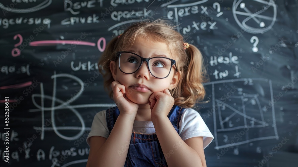 Little girl in glasses thinking about an idea with question marks around it on blackboard background. Little girl in glasses thinking about an idea with question marks around it on blackboard background.