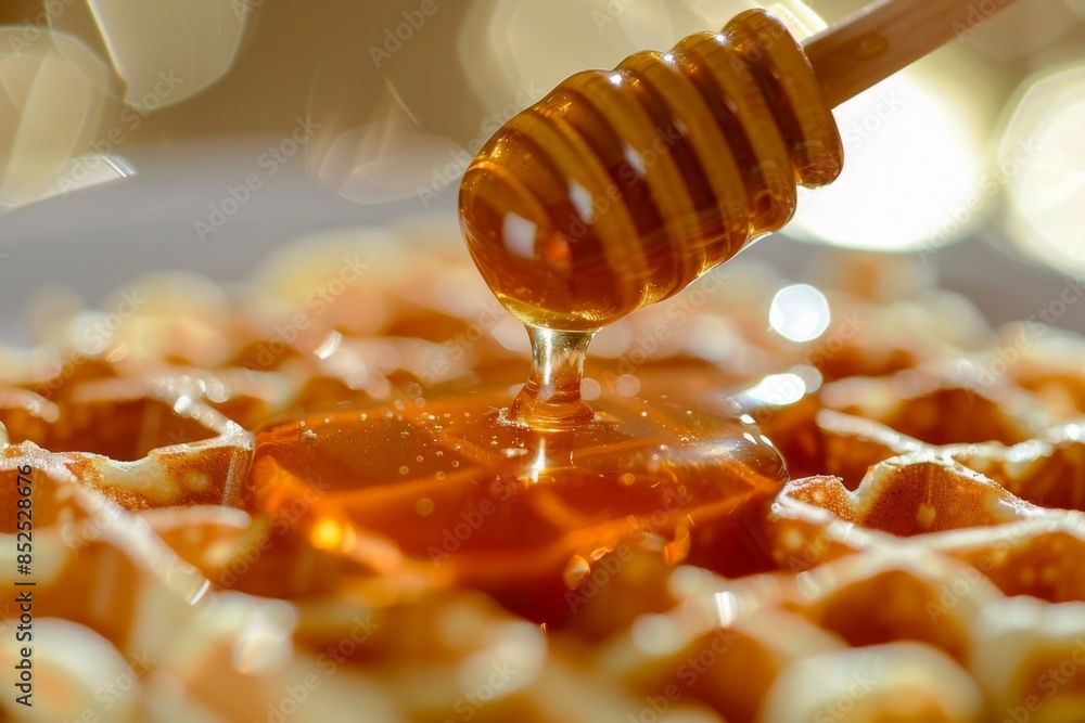 Honey Drizzling Over Waffles Close-Up Honey Drizzling Over Waffles Close-Up