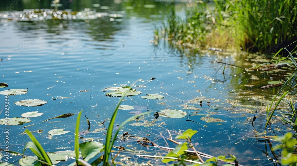 A picturesque and pristine pond with a floating skimmer removing debris from the water s surface Close up view with space for text A picturesque and pristine pond with a floating skimmer removing debris from the water s surface Close up view with space for text