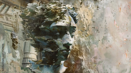 Abstract painting of a woman's face blended with cityscape