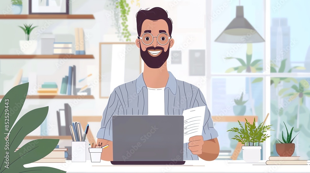 Smiling businessman in a modern office, reviewing documents and working on a laptop, bright workspace with plants, detailed realism Smiling businessman in a modern office, reviewing documents and working on a laptop, bright workspace with plants, detailed realism