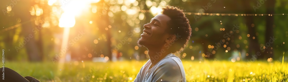 Happy individual basking in the sunlight at a park, smiling and relaxed, enjoying the outdoor setting, perfect for lifestyle imagery, detailed realism Happy individual basking in the sunlight at a park, smiling and relaxed, enjoying the outdoor setting, perfect for lifestyle imagery, detailed realism