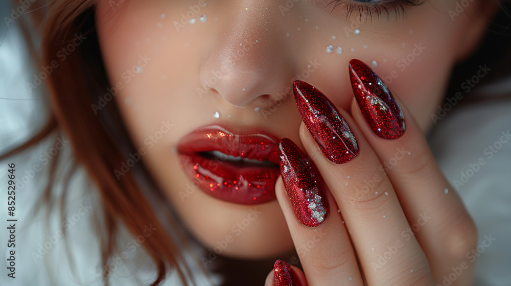 Fototapeta premium Close-up of woman's face with beautiful fingers