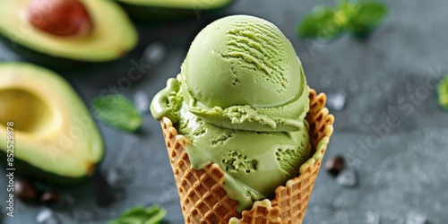 A scoop of creamy avocado ice cream, served in a waffle cone and garnished with a slice of fresh avocado photo