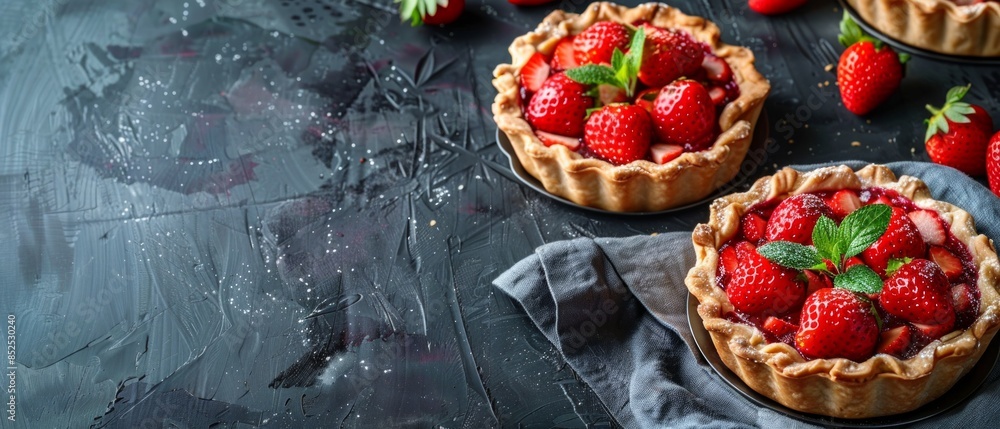 Fresh homemade strawberries tarts with copy space. Rhubarb pie day. Delicious food