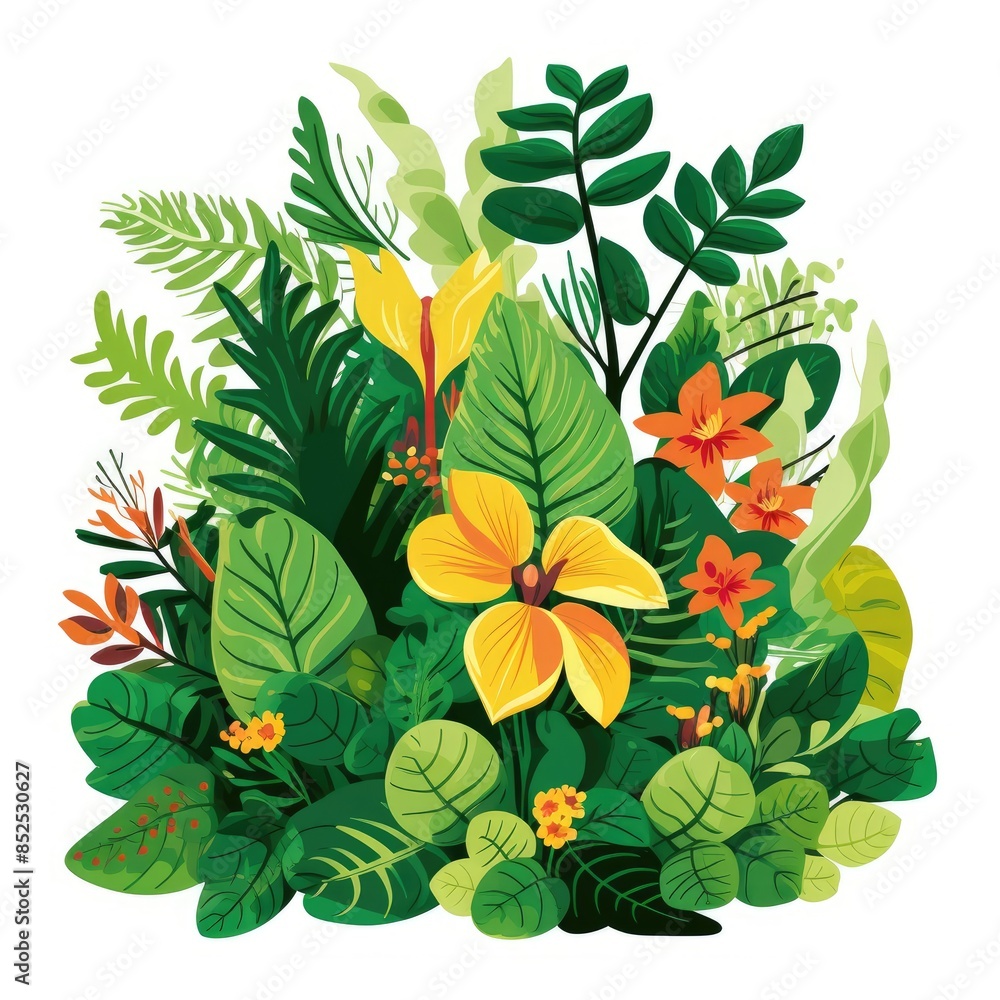 Fototapeta premium Cartoon Vector of Lively Green Leaves and Vibrant Wild Plants