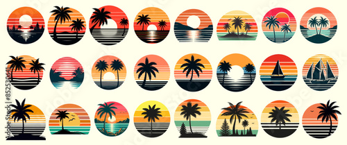 Set of retro sunsets in 80s and 90s style. Abstract sun at beach background with sunny vector and t-shirt design