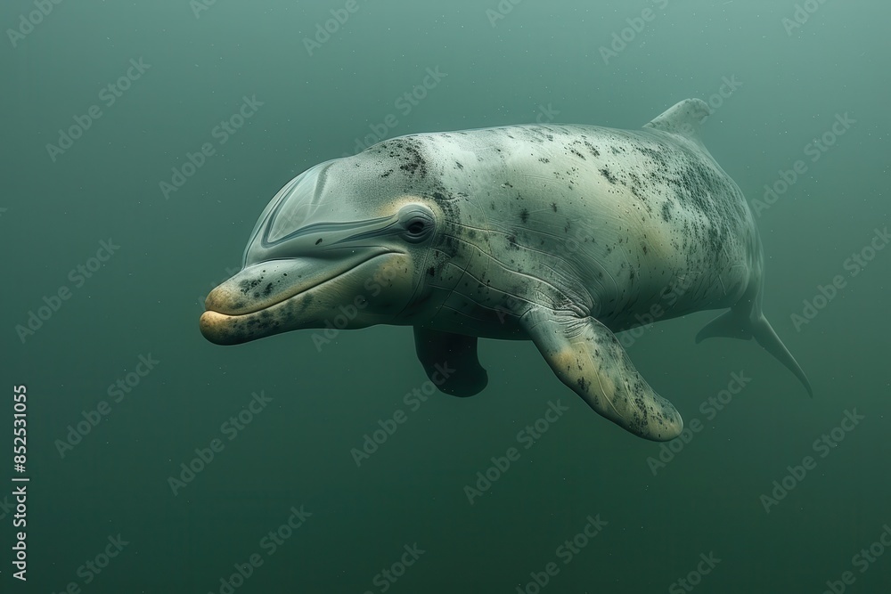 Naklejka premium A Baiji river dolphin swimming in the murky waters of the Yangtze River, its elongated beak and graceful movements captured underwater. 