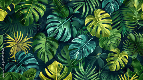 Seamless pattern with different leaves and plants on a dark background