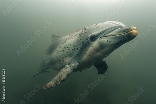 A Baiji river dolphin swimming in the murky waters of the Yangtze River, its elongated beak and graceful movements captured underwater.  photo