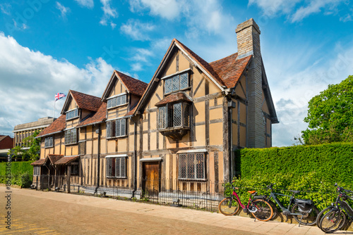 Top UK landmark, famous playwright Shakespeare's birthplace Tudor half-timbered house in the medieval old town of Stratford-upon-Avon. 