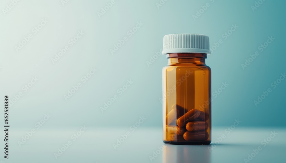 A close-up photo of a pill bottle with a white lid on a light blue background, containing multiple capsules. Pharmaceutical and medical supplies. A close-up photo of a pill bottle with a white lid on a light blue background, containing multiple capsules. Pharmaceutical and medical supplies.