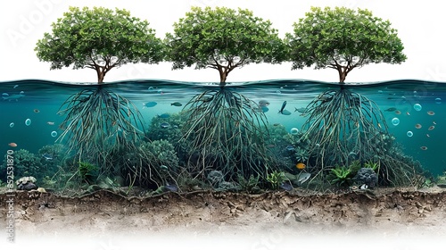 A close-up illustration of three mangrove trees growing in shallow water with their roots visible underwater photo