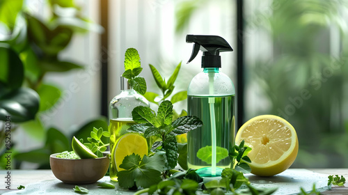 Green Leaves with a Lemon and a Glass Bottle of Liquid - Illustration