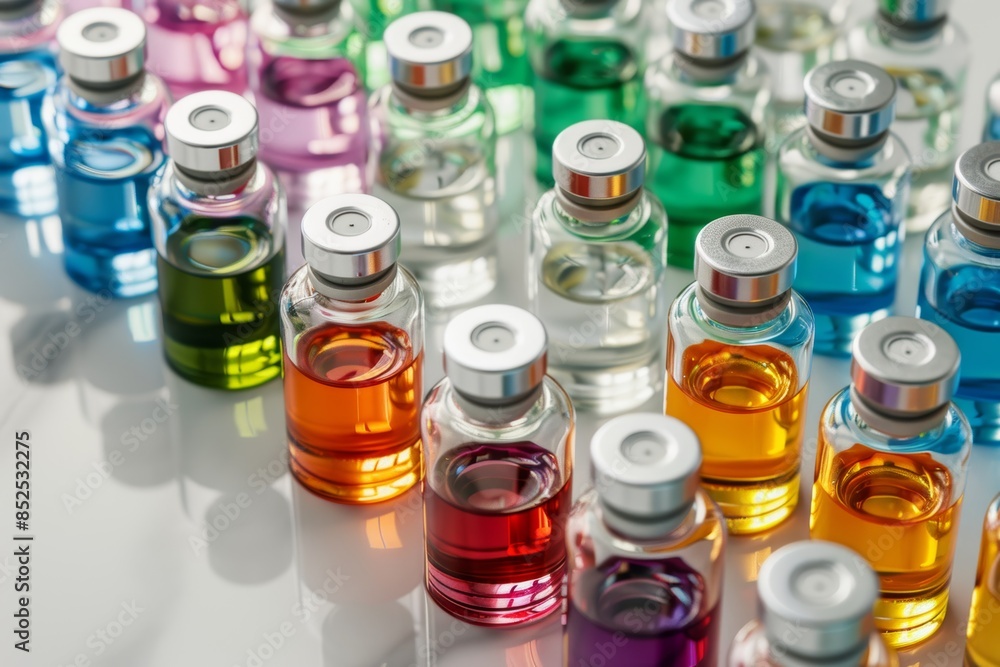 Premium Quality Mesotherapy Vials with Colorful Serums on White Surface - Ideal for Skincare and Beauty Promotions Premium Quality Mesotherapy Vials with Colorful Serums on White Surface - Ideal for Skincare and Beauty Promotions