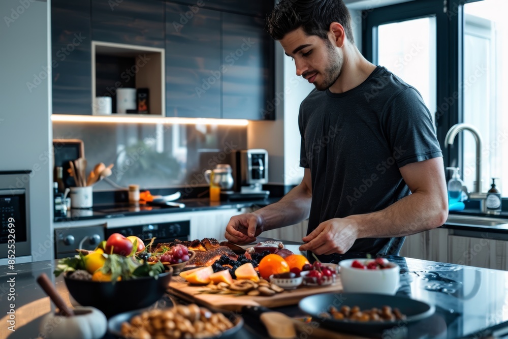 Fitness Enthusiast Enjoying a Healthy Paleo Snack in a Modern Kitchen Setting Fitness Enthusiast Enjoying a Healthy Paleo Snack in a Modern Kitchen Setting