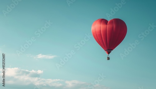 A heart-shaped hot air balloon gracefully floats in a clear blue sky, symbolizing love, freedom, and adventure.