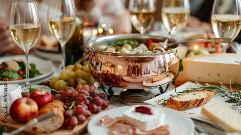 Copper fondue pot centerpiece on an elegant dinner table, surrounded by artisanal cheeses, fresh bread, and fruits, set in a cozy, warmly lit room with a luxurious feel Copper fondue pot centerpiece on an elegant dinner table, surrounded by artisanal cheeses, fresh bread, and fruits, set in a cozy, warmly lit room with a luxurious feel
