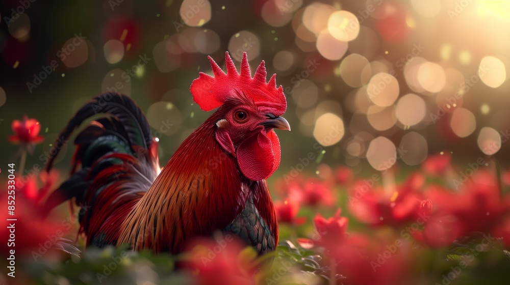 Big red rooster, transparent red crown, long black tail feathers, vibrant green lawn dotted with red flowers, insect hunting, captured in detailed 8K quality Big red rooster, transparent red crown, long black tail feathers, vibrant green lawn dotted with red flowers, insect hunting, captured in detailed 8K quality