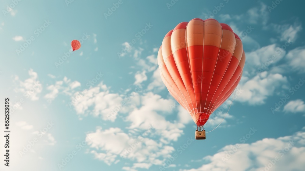 Fototapeta premium Big sausage-shaped hot air balloon soaring high, vibrant red and brown hues, floating against a backdrop of a bright, sunny sky, creating a playful scene