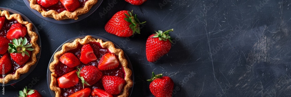 Fresh homemade strawberries tarts with copy space. Rhubarb pie day. Delicious food Fresh homemade strawberries tarts with copy space. Rhubarb pie day. Delicious food