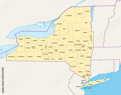 New York State counties, political map. New York, a state of the Northeastern United States, one of the Mid-Atlantic states, is subdivided into 62 counties. Map with boundaries and county names.