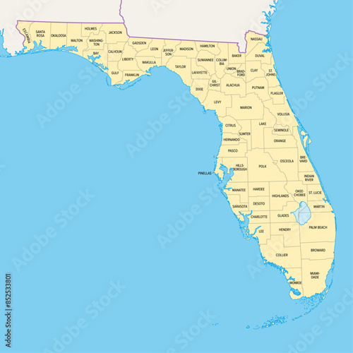 Florida state counties, political map. Florida, a state in the Southeastern region of the United States, subdivided into 67 counties. Map with boundaries and county names. Illustration. Vector photo