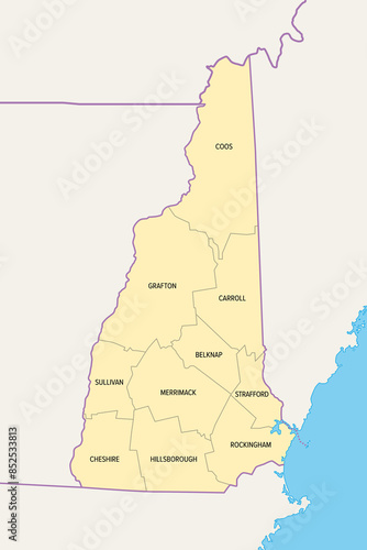 New Hampshire state counties, political map. New Hampshire, a state in the New England region of the Northeastern United States, is subdivided into ten counties. Map with boundaries and county names.