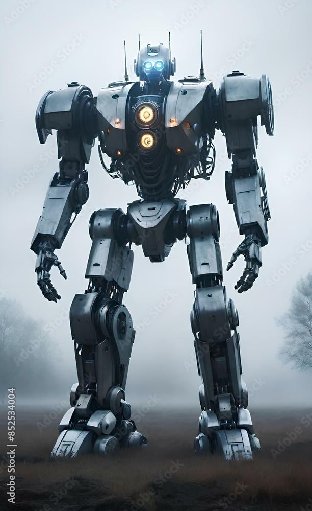 A large robot standing in the middle of a foggy field. A large robot standing in the middle of a foggy field.