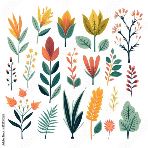 Unique Jungle Foliage and Wildflower Vector Artistry Against a Pure Background