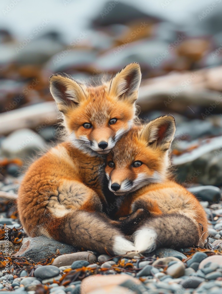 Fototapeta premium Two foxes relaxing on a pile of rocks, natural scenery