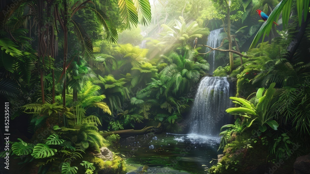 Fototapeta premium Lush Tropical Waterfall with Parrot and Sunlight