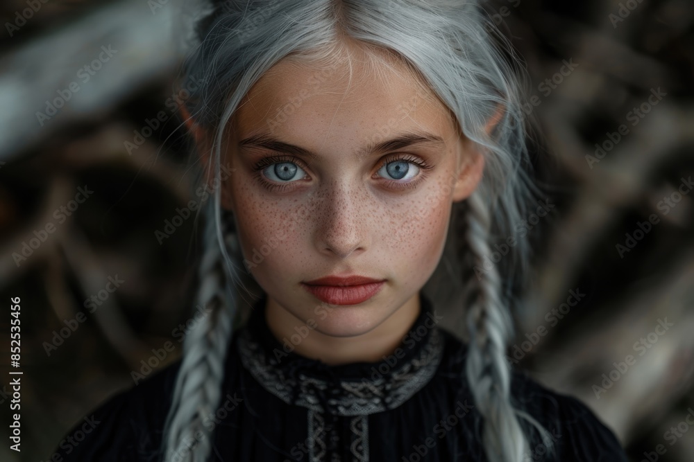 Captivating portrait of a young woman with striking blue eyes and silver hair Captivating portrait of a young woman with striking blue eyes and silver hair