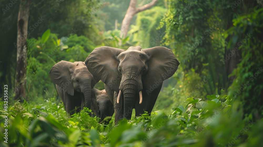 Obraz premium Three African Elephants in Lush Green Forest - Photo
