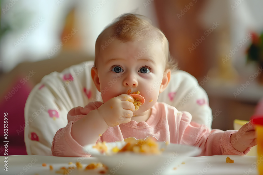 Cute little baby eating food at home. Cute little baby eating food at home.