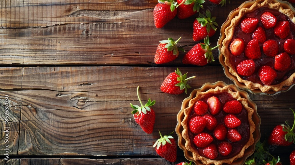 Fresh homemade strawberries tarts with copy space. Rhubarb pie day. Delicious food Fresh homemade strawberries tarts with copy space. Rhubarb pie day. Delicious food