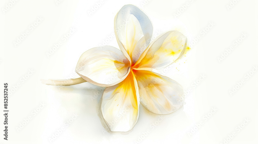 A delicate plumeria flower in soft white and yellow shades, simple watercolor illustration isolated on a white background A delicate plumeria flower in soft white and yellow shades, simple watercolor illustration isolated on a white background