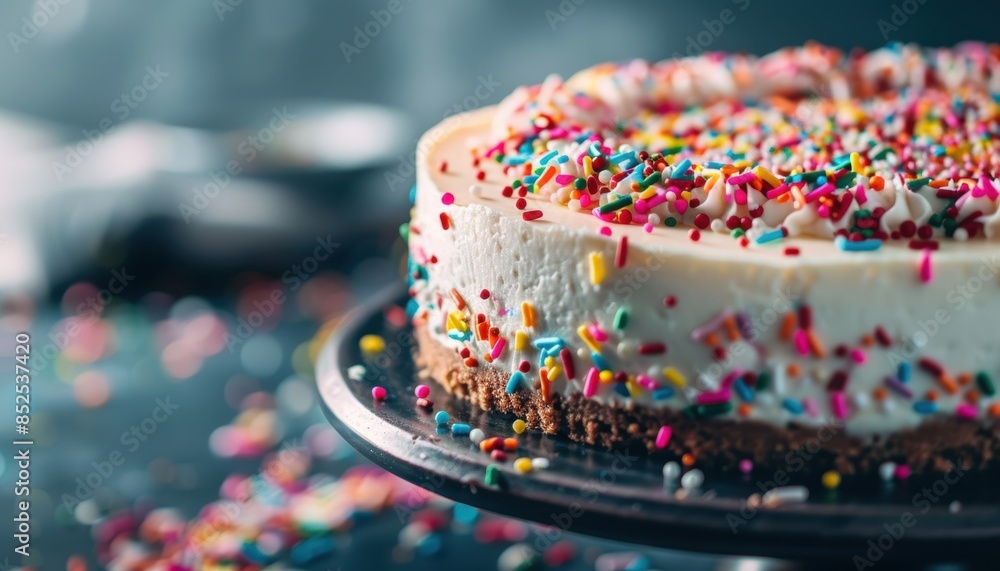 Close-up of a delicious cheesecake topped with colorful sprinkles on a dark background. Perfect for celebrations and special occasions. Close-up of a delicious cheesecake topped with colorful sprinkles on a dark background. Perfect for celebrations and special occasions.