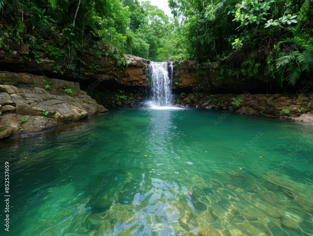 Fototapeta premium Serene tropical waterfall in lush green forest