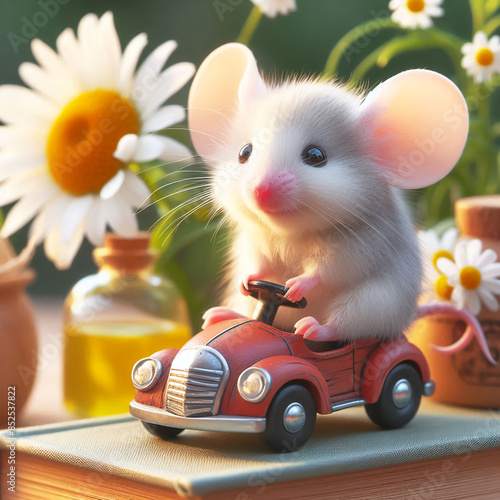 Live white mouse, on a small car, neutral background