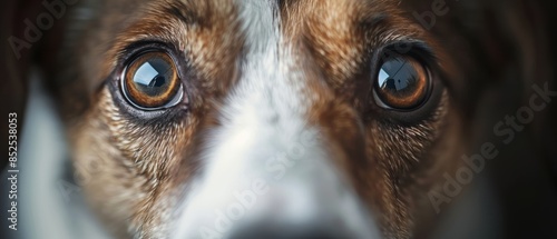 Close-up of a dog with expressive brown eyes, capturing detail and emotion. Ideal for depicting pets, emotion, and animal photography.