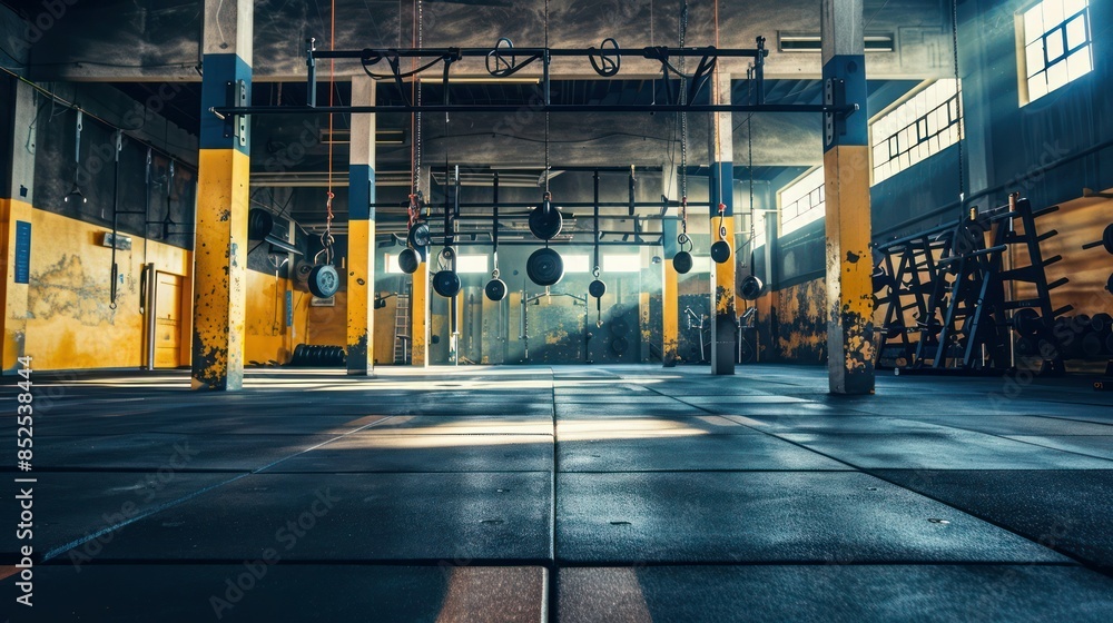Indoor photo of wide angle crossfit gym shot, no people. Indoor photo of wide angle crossfit gym shot, no people.