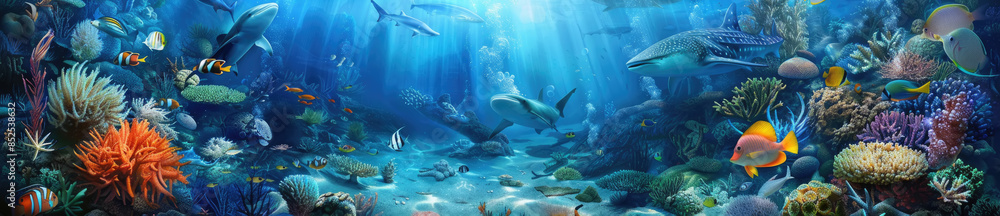 An underwater scene featuring a diverse array of marine life, including sharks, colorful fish, and coral reefs An underwater scene featuring a diverse array of marine life, including sharks, colorful fish, and coral reefs