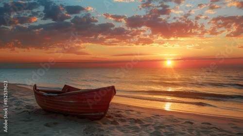 Sunset scene with a boat on a sandy beach
