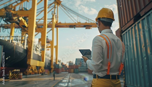 Engineer inspects tablet at logistics dock in shipyard with crane for import export logistics