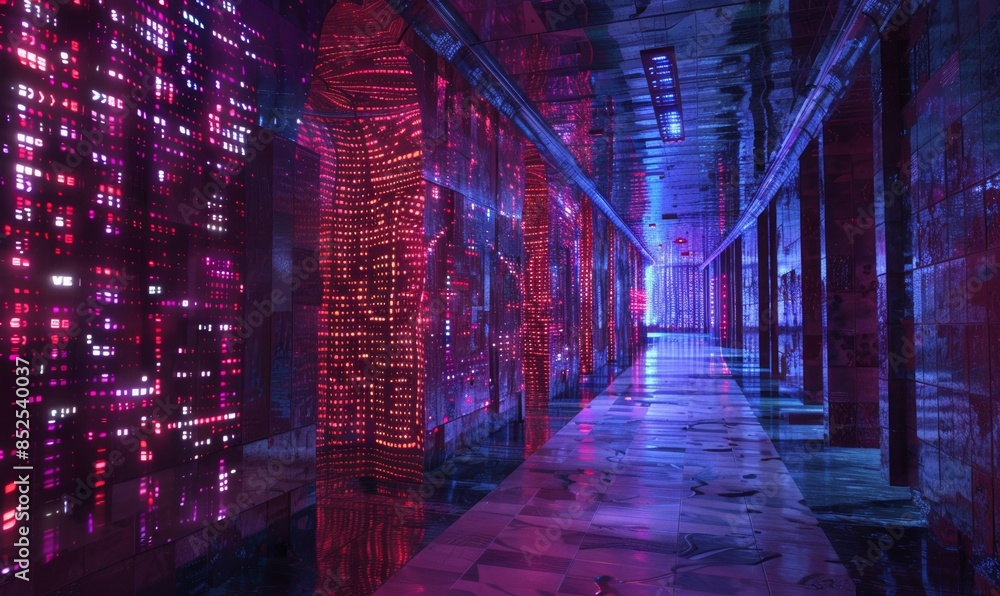 Fototapeta premium Conceptual 3D holographic code in a futuristic tech environment Abstract digital data visualization and programming technology concept