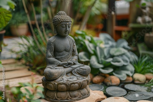 Buddha Statue in Tranquil Garden Setting